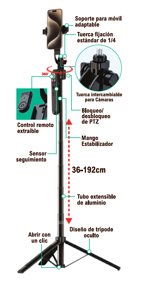 Palo selfie inteligente con seguimiento facial
